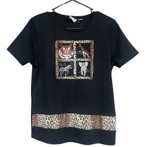 Maxwell‎ Shirt Womens Medium Animal Safari Embroidered Tiger Elephant Giraffe